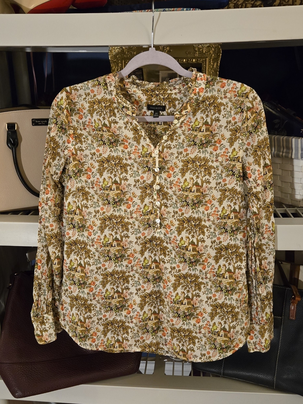 Talbots Cottagecore Cream Floral Long-Sleeve Button Front Top - Picture 1 of 9